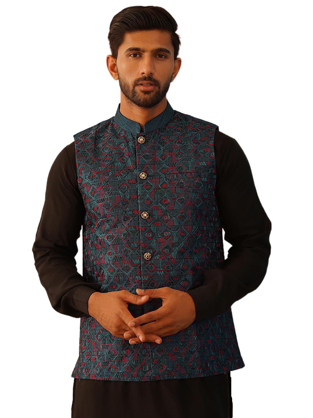 Men's Embroidered Silk Blend Nehru Jacket.