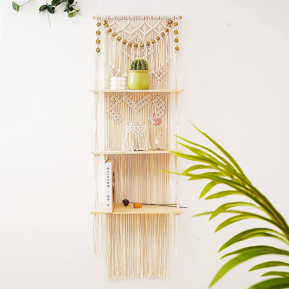 Macrame Wall Hanging Shelf with Enhanced Solid Wood Shelves and Handmade Macrame to Organize Plants and Decor — 3 Tier Macrame Shelf Wall Hanging