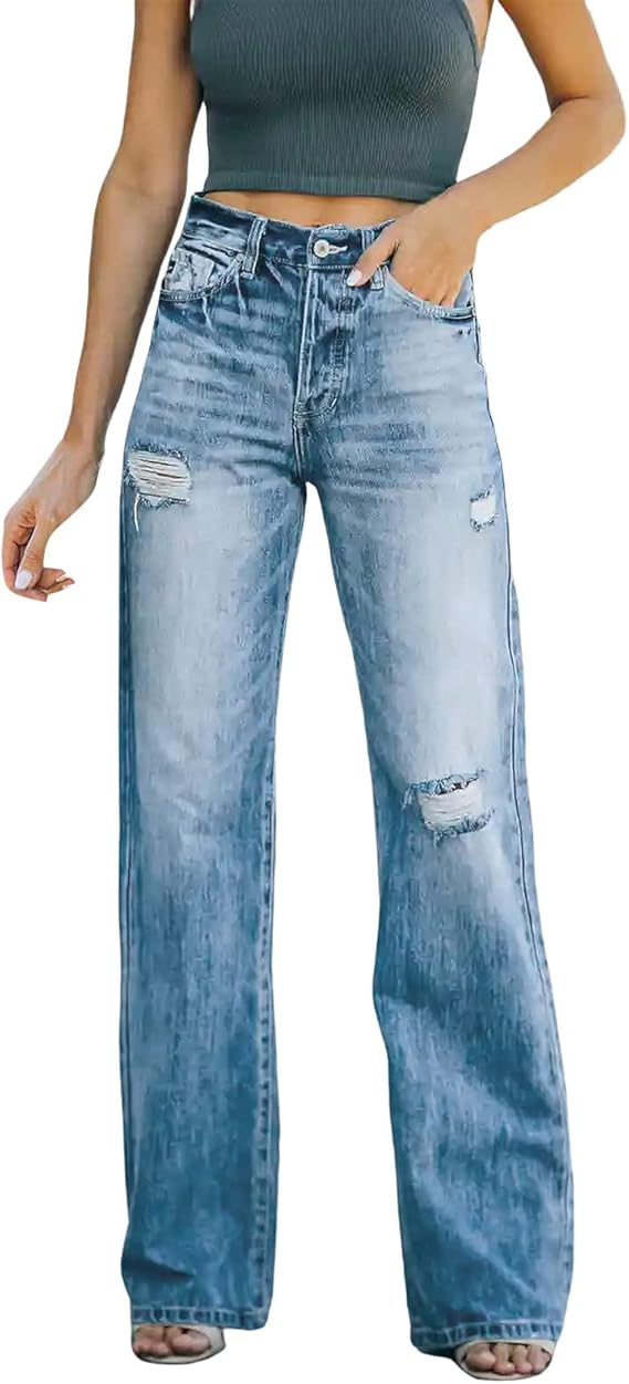 Medium Jeans Women Stretchy High Waisted Straight Trousers Ripped Casual Straight Women's Boot