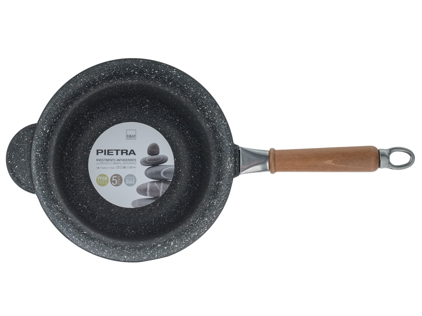 H&H Paiolo Pietra, Alluminio Pressofuso, Rivestimento Antiaderente 5 strati PFOA free con manico in legno estraibile cm 22