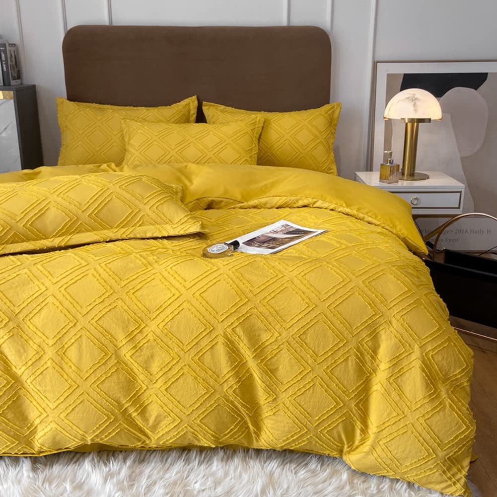 MorroMorn 5 PCS Boho Bedding Sets, Textured Duvet Cover Set, Geometric Tufted Comforter Covers, Soft Breathable Neutral for Man Woman Bed Bedroom All Seasons (Yellow, Full/Queen)