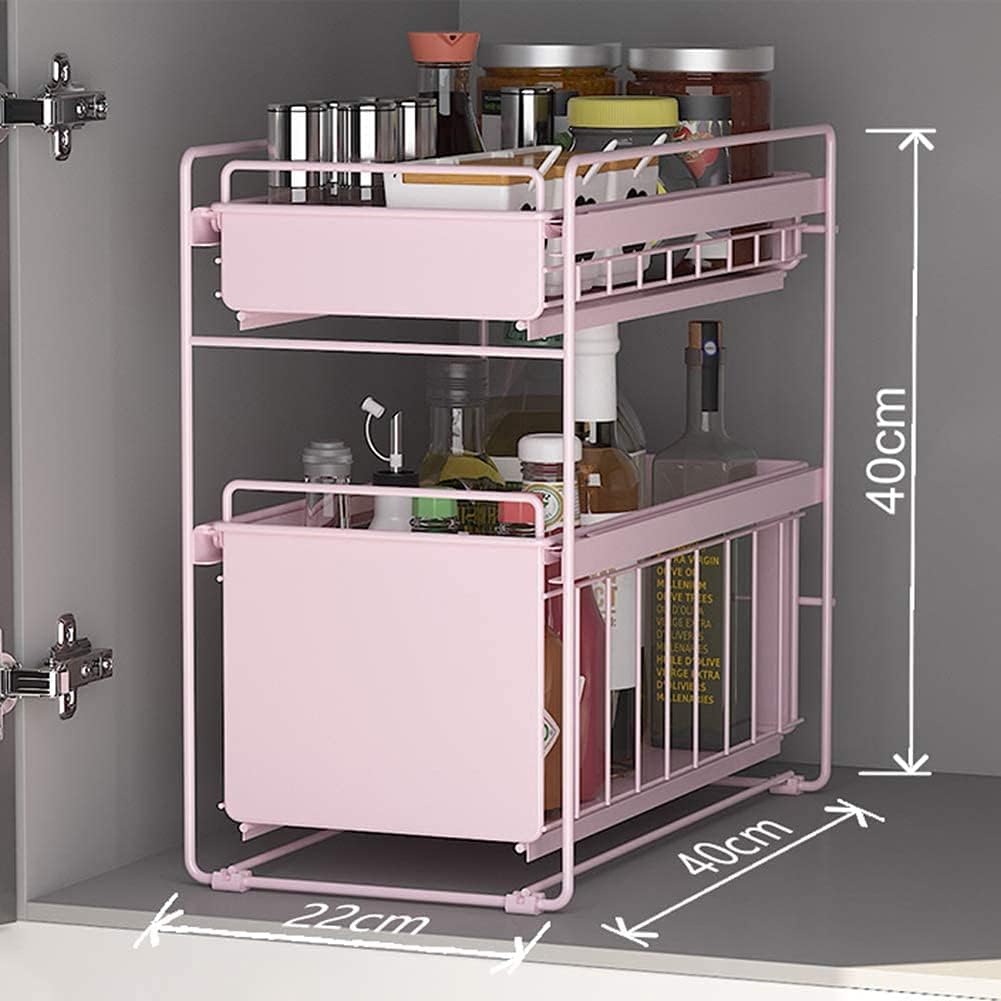 Drawers Under Sink Under Sink Storage Kitchen 2 Tier Sliding Basket Stackable Cabinet Organizer for Under The Sink Space Saving in Kitchens Bathrooms Pink Large (White Small) (Pink Small)