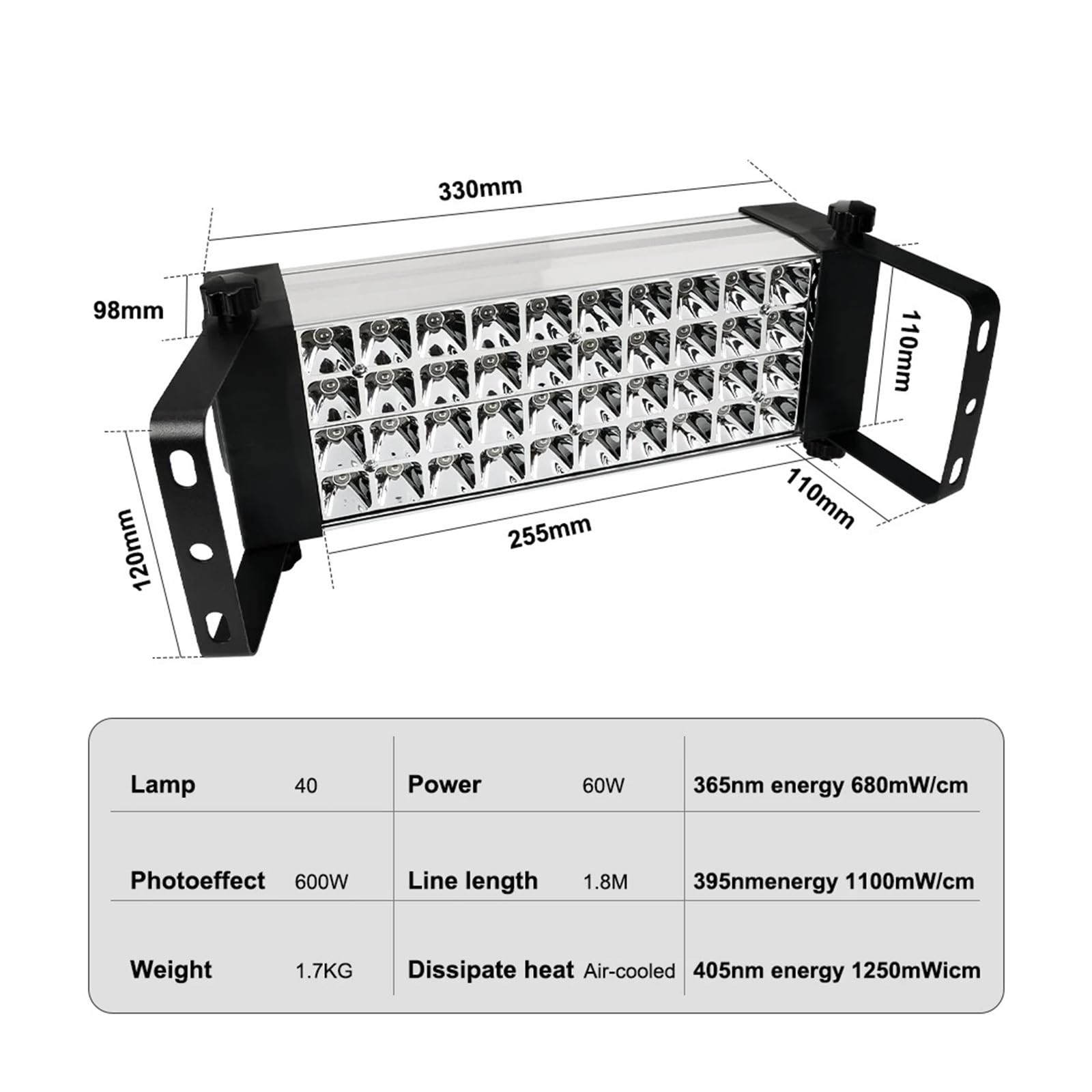 Lampada di polimerizzazione UV portatile da 600 W e 405 NM con 40 perle di inchiostro, vernice, adesivo, serigrafia, olio, scheda PCB, asciugatura rapida Polimerizzazione rapida per lavori fai da te(S