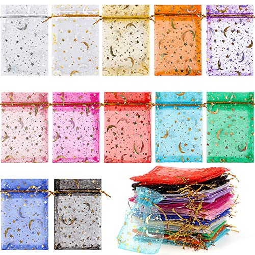 240Pcs Moon Stars Drawstring Organza Bags Eid Sheer Organza Drawstring Pouches Organza Gift Bag Jewelry Bags with Drawstring for Wedding Party Christmas Baby Shower Eid Mubarak, 3.5 x 4.7inch