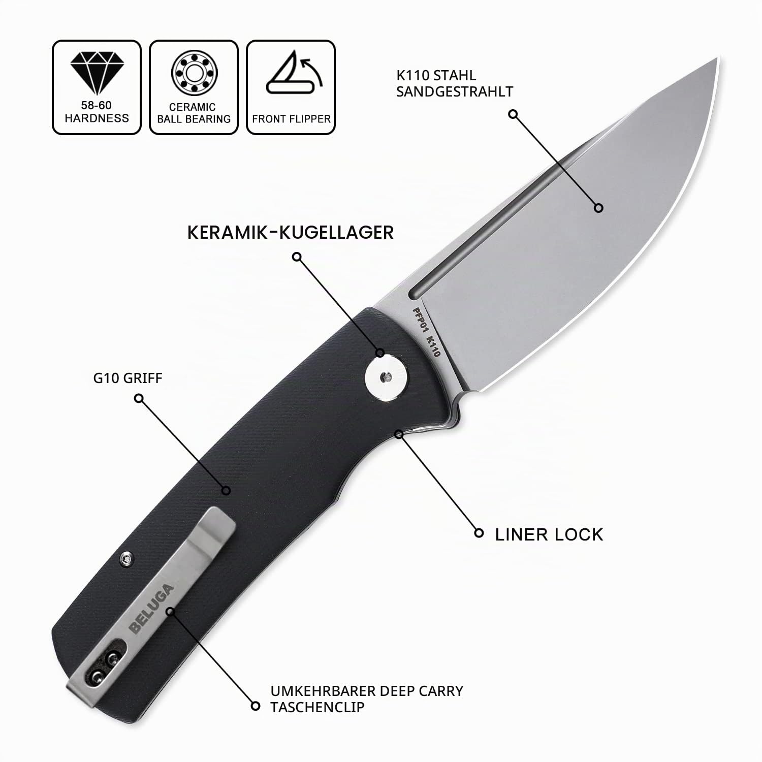 Petrified fish PFP01 Beluga Klappmesser, 3.62" K110 Stahl Klinge G10 Griff, Mit Kugellager EDC Taschenmesser (Black Sandblasting)