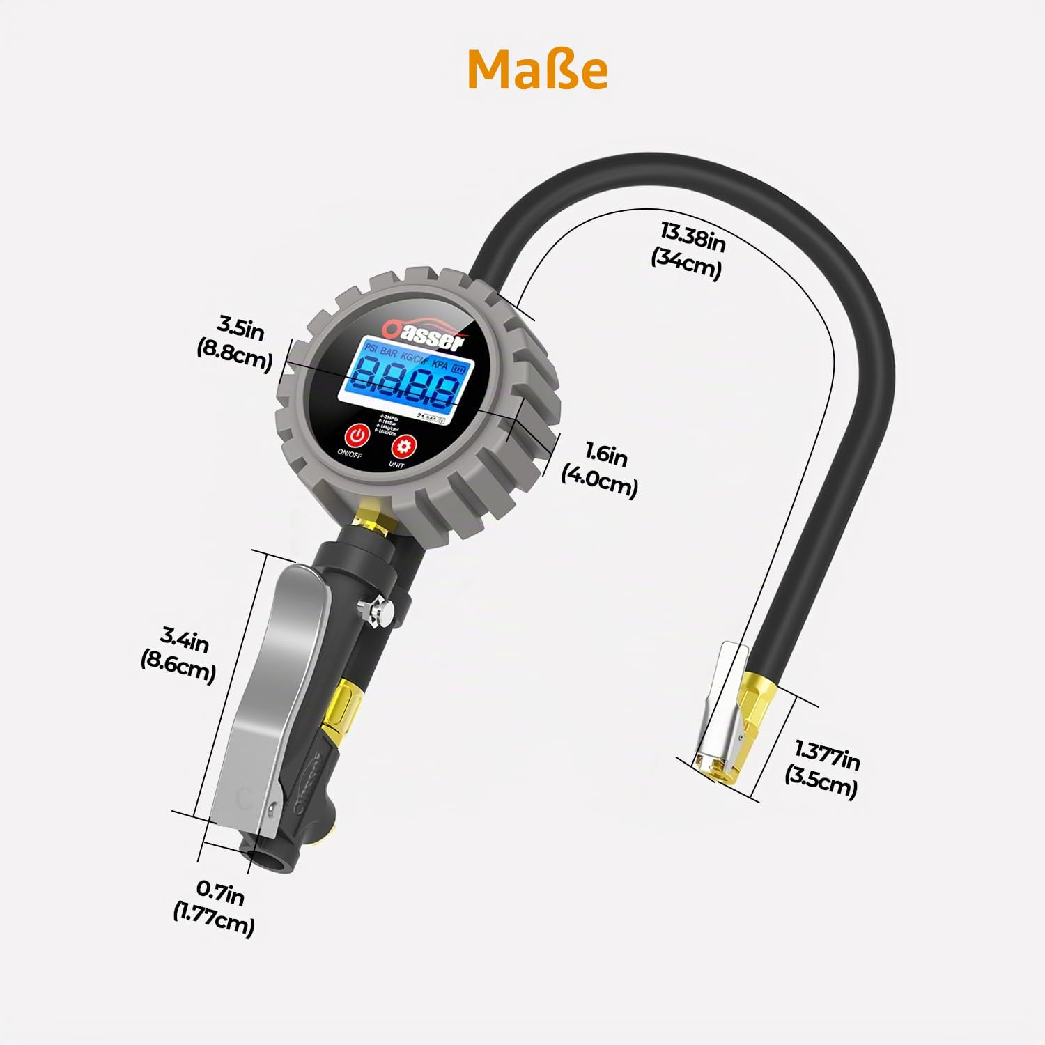 Oasser Professioneller Reifendruckmesser, digitales Manometer, Reifenfüller, 255 PSI, hohe Präzision, mit LED-Licht und LCD-Bildschirm für Auto, SUV, LKW, Motorrad und Fahrräder