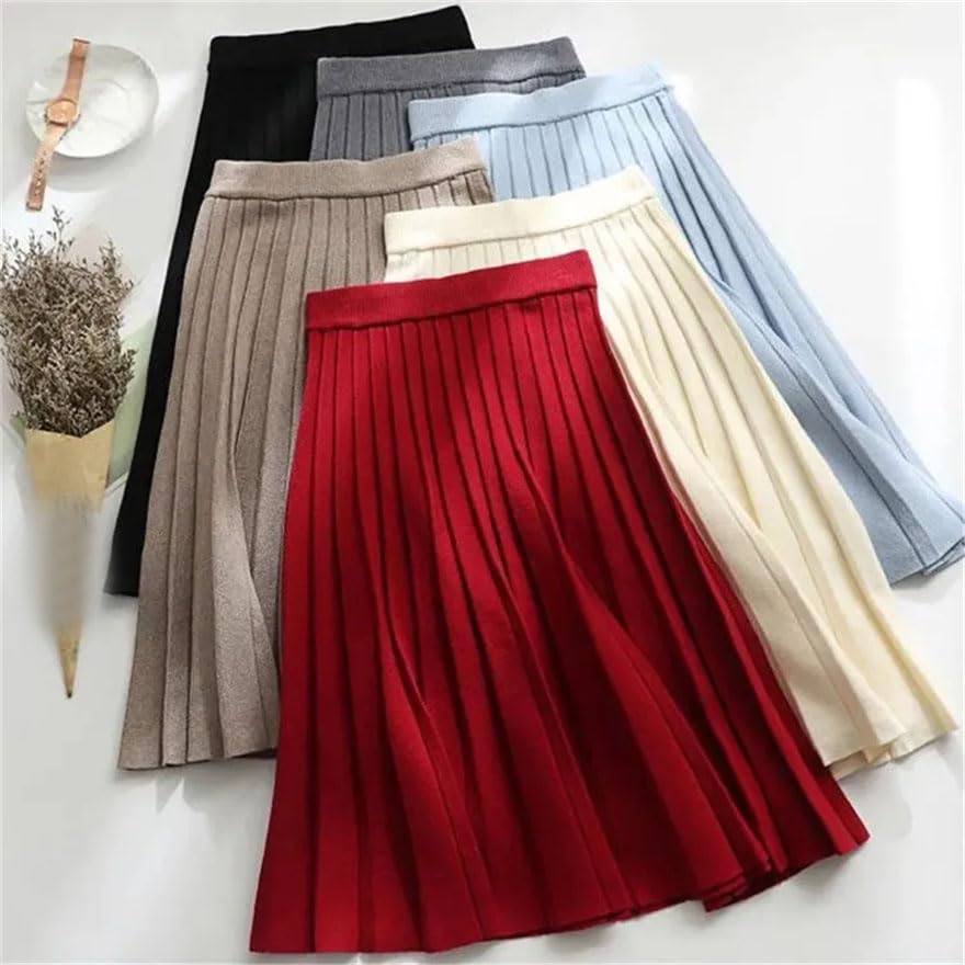 Women Knit Midi A-Line Skirt Solid High Waist Slight Strech Pleated Fall Winter Casual Knit Skirts3