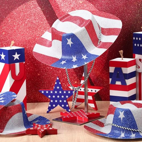 Image of Shyyween 12 /24 Pcs American Flag Plastic Hats Patriotic 4th of July Cowboy Hats White Blue Red Caps for Independence Day