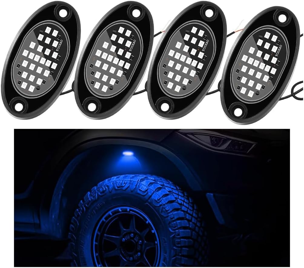 4 Pods Car RGB LED Rock Light, 12V High Bright 24 LEDs Vehicle Exterior Under Glow Light, Automotive Wheel Well Rock Neon Lamp Kit, Universal for Truck UTV ATV Golf Cart (Blue)