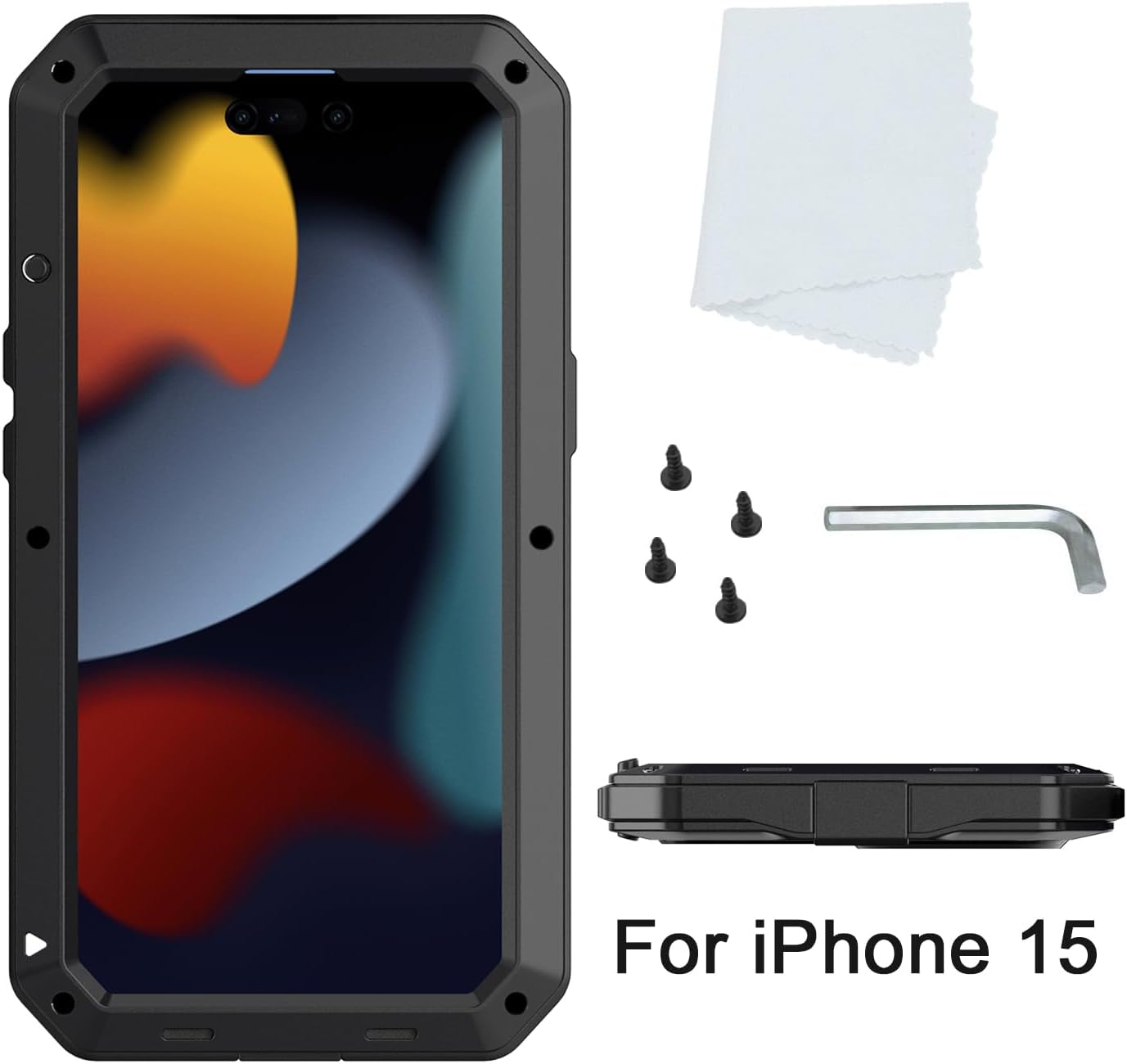 Marrkey Compatiable with iPhone 15 Case,360 Full Body Protective Cover Heavy Duty Shockproof Tough Armour Aluminum Alloy Metal Case with Silicone Built-in Screen Protector - Black - Image 6