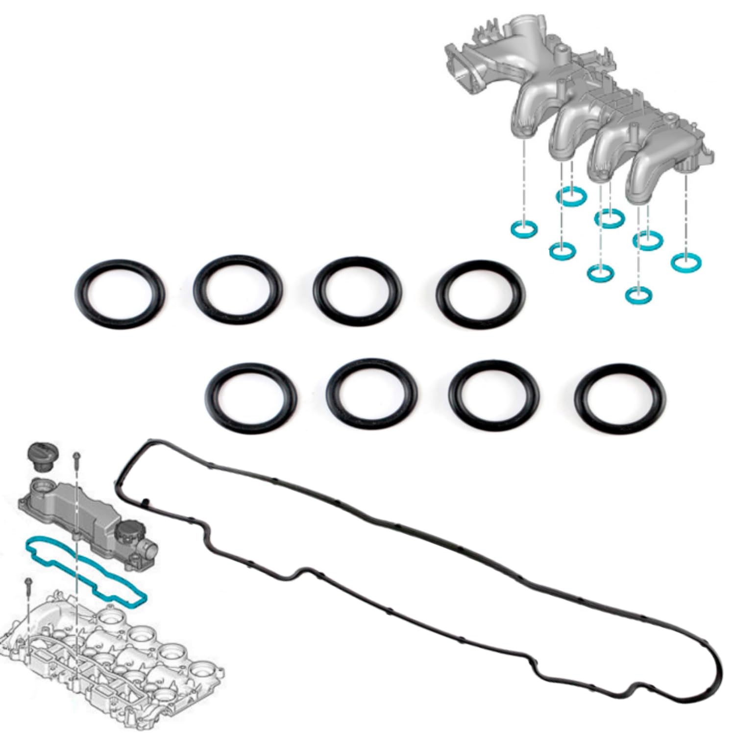 Kit joints collecteur admission motorisation 1.6 HDi TDCi DV6 compatible pour 207, 308, C3, C4, Focus, Fiesta, C-Max, V50, Mazda 3, 5, S40 - OEM 0348.G3, 9802448680