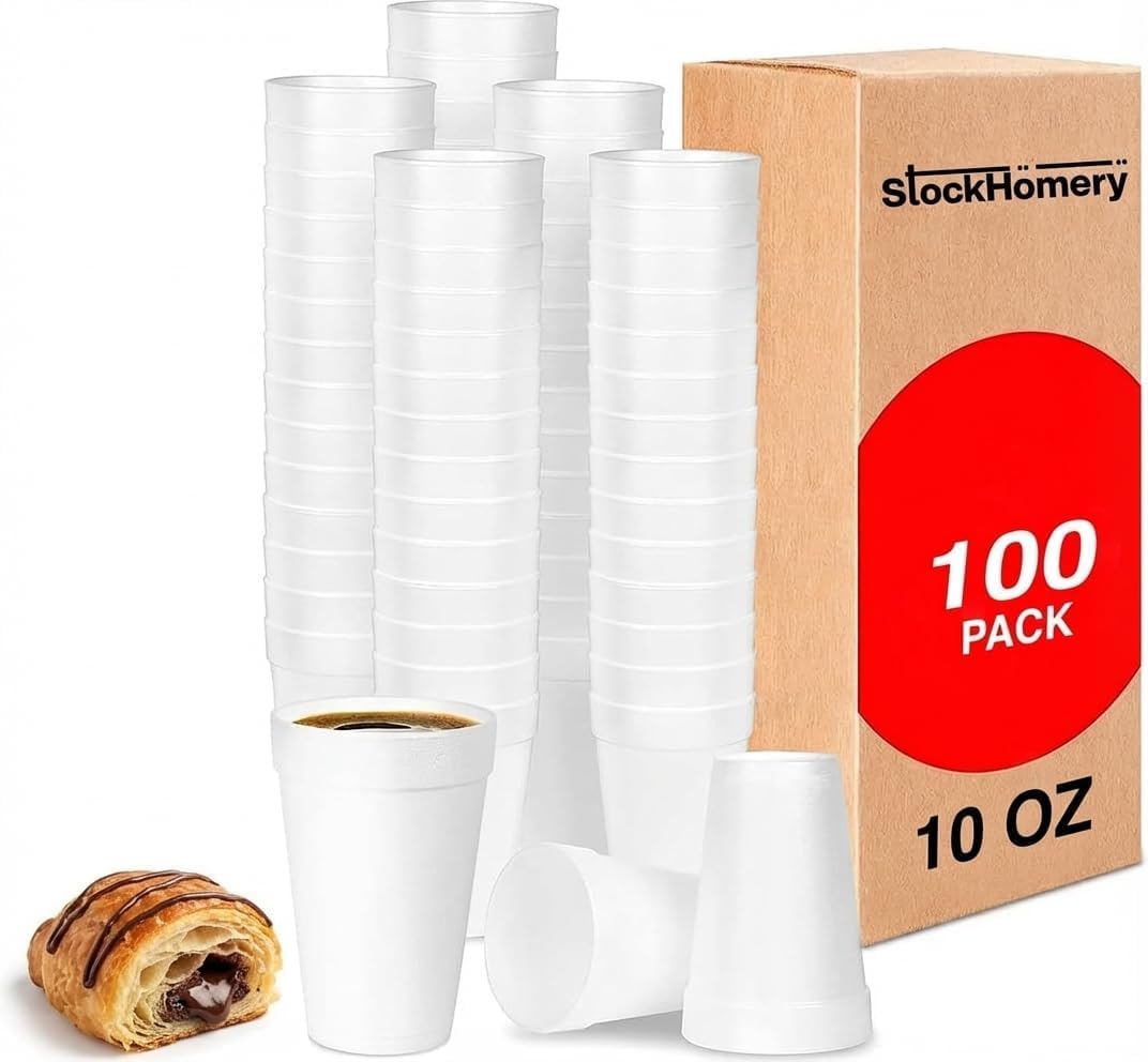10 Oz Foam Cups Lightweight Insulated Foam Cups for Coffee, Cold Drinks, Other Hot Beverages - Disposable Drinking Cups for Parties, Picnic, BBQ, Travel, Events (100 Pack)