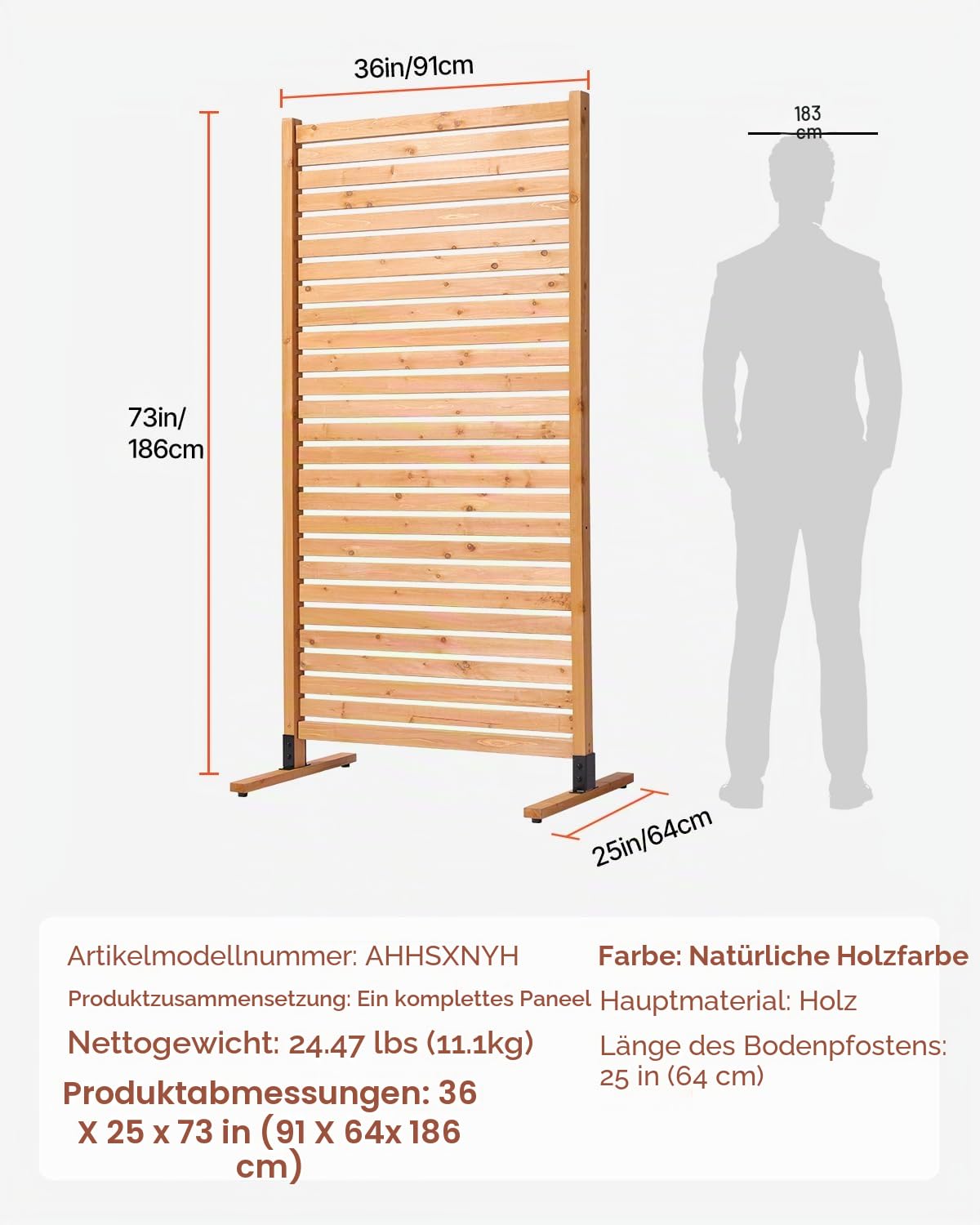 VEVOR Sichtschutz aus Holz, 91x6,3x187 cm, Raumteiler für den Außenbereich, freistehender Raumtrenner, dekorativer Trennwand für die Terrasse, Außentrennwand für Balkon, Terrasse, Rasen, Garten