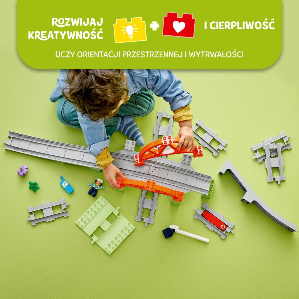 LEGO DUPLO Most i tory kolejowe — zestaw rozszerzający 10426 | Zestaw klocków dla 2-latka, tory kolejowe, prezent dla chłopca i dziewczynki, most i szlaban, 42 elementy