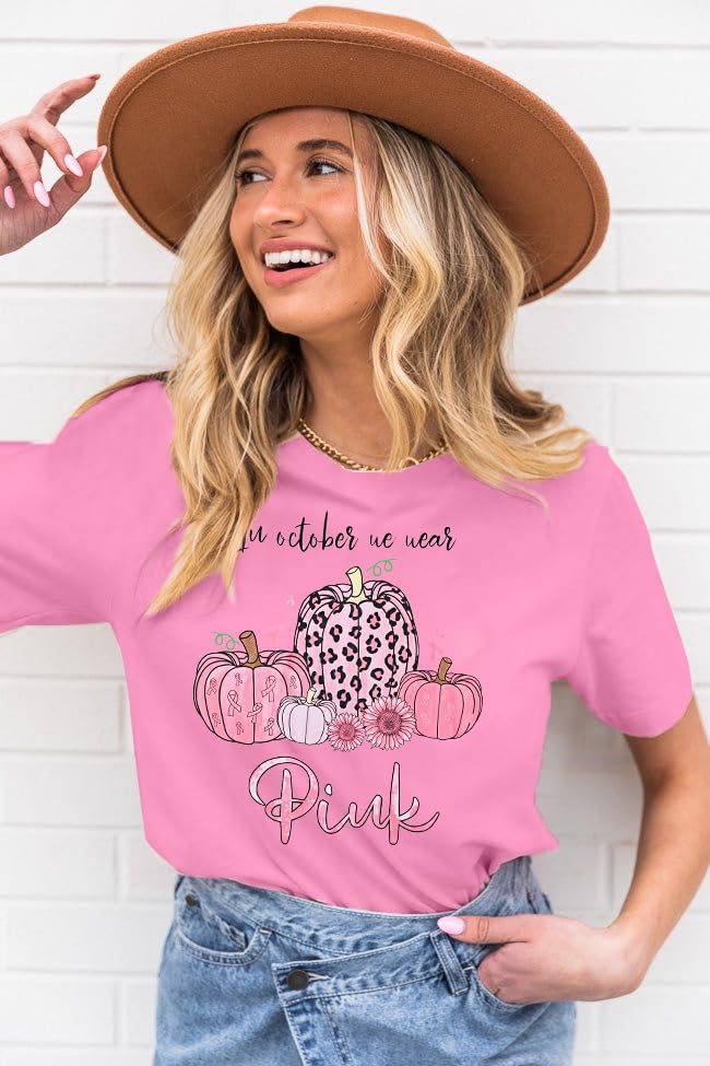 in October We Wear Pink Shirts Women Halloween Pink Graphic Breast Cancer Short Sleeve Fall Tee Top3