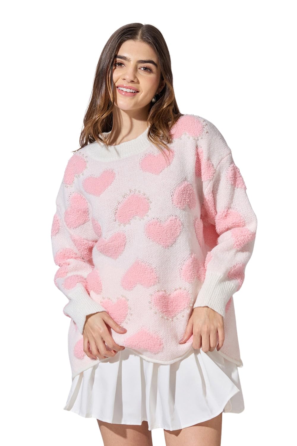 showoffff Edition Women's Light Pink Oversized Sweater with Textured Hearts and Pearls-CHN-26076_LightPink-P-picture-57