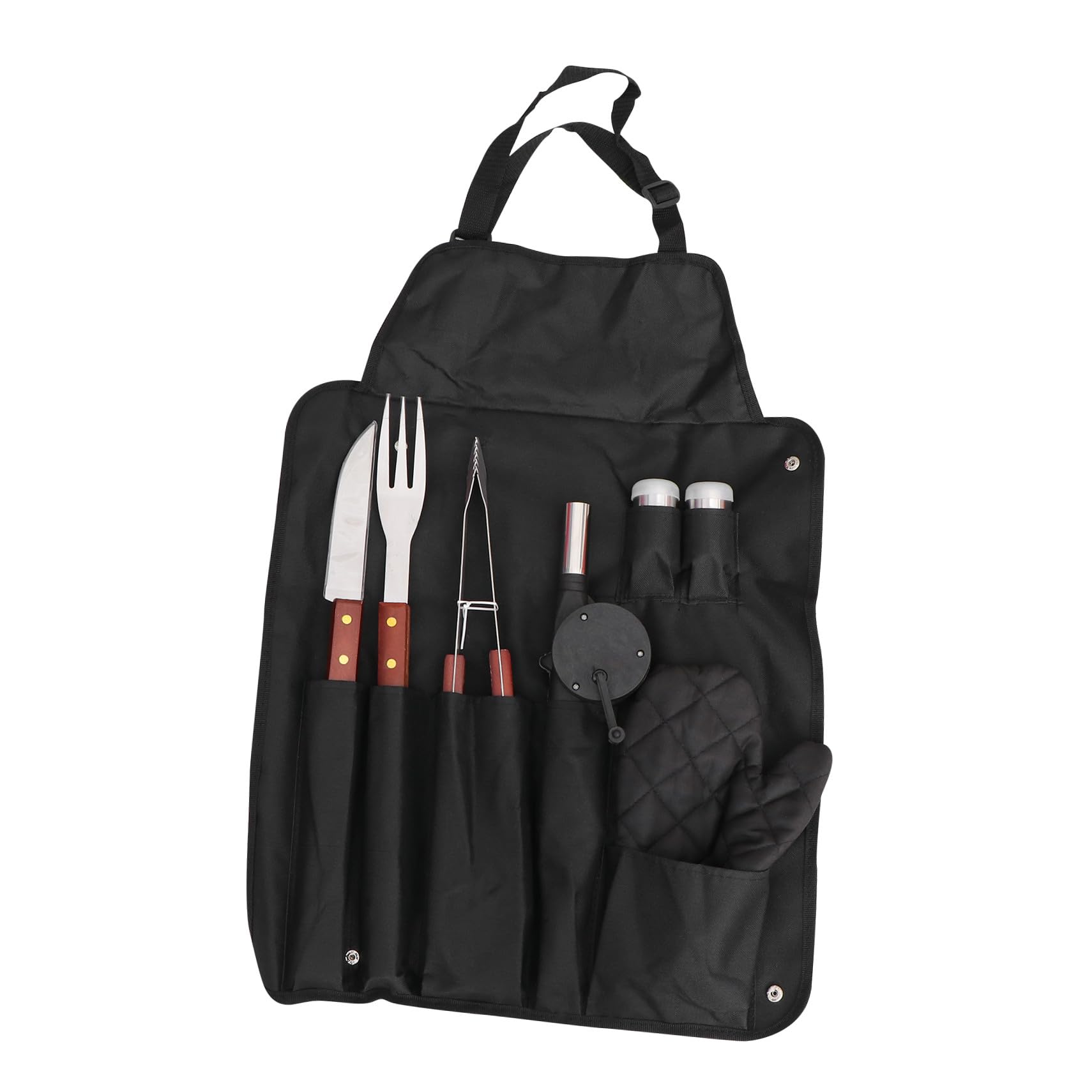 Set Utensili Barbecue in Acciaio Inox Manico in Legno | Nero, Design Compatto, Borsa di Stoccaggio Inclusa, per Outdoor e Barbecue Party