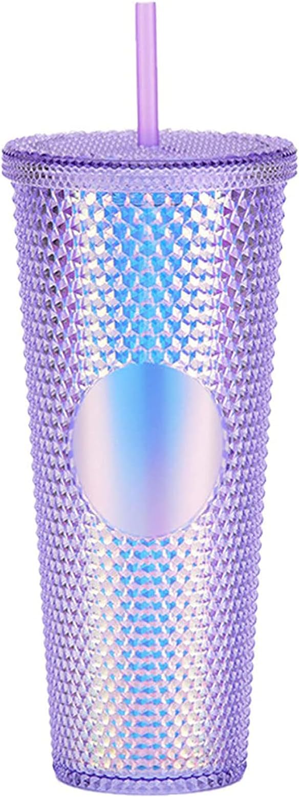 Jeremiah 24oz Iridescent Matte Black Plastic Studded Tumbler Cup Double Wall Inlaid Rivet Cup With Lid And Straw ?Perfect Use For Iced Coffee Tumbler, Color Changing, Reusable (P-Diamond purple)