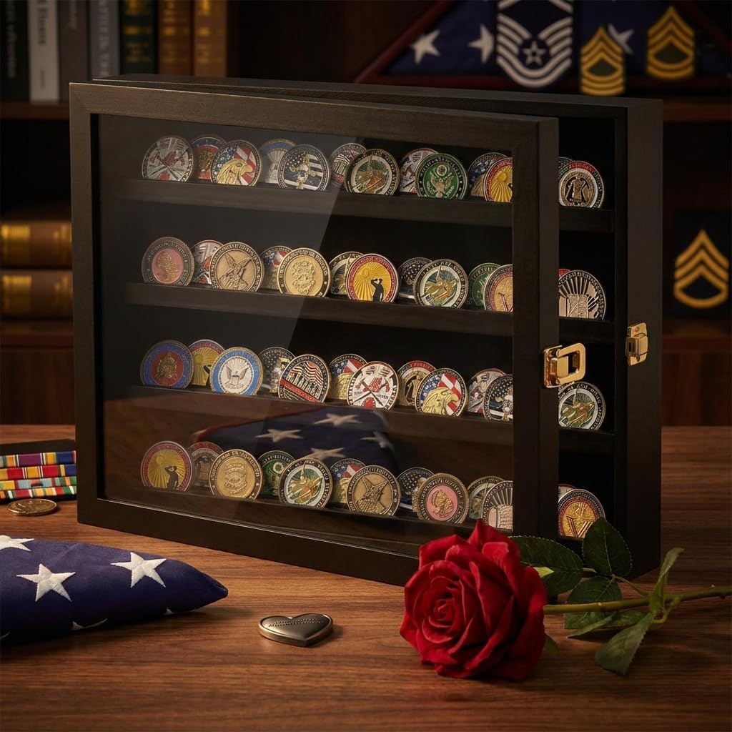challenge coin display case, solid wood military coin display box with gold latches & 20 acrylic protectors , challenge coin holder organizer for collectors, veterans