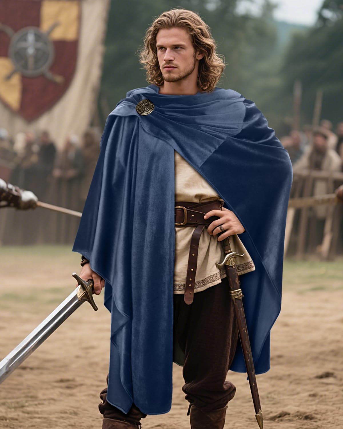 L'VOW Medieval Corduroy Hooded Cloak - Renaissance Hooded Cape with Adjustable Brooch, Halloween Wizard Cosplay Costume - Image 6