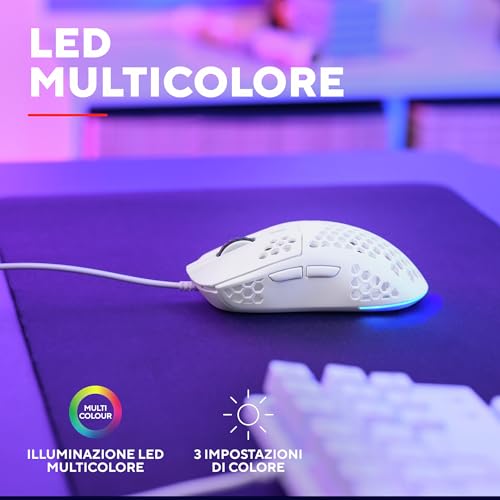 GXTrust 928W Helox Mouse Gaming Superleggero 65g con Filo, Regolazione DPI 200-6400 Sensore Ottico, 6 Pulsanti Programmabili, Illuminazione RGB, Mouse da Gaming per PC Desktop Laptop, Bianco - Mouse gaming - Immagine 5