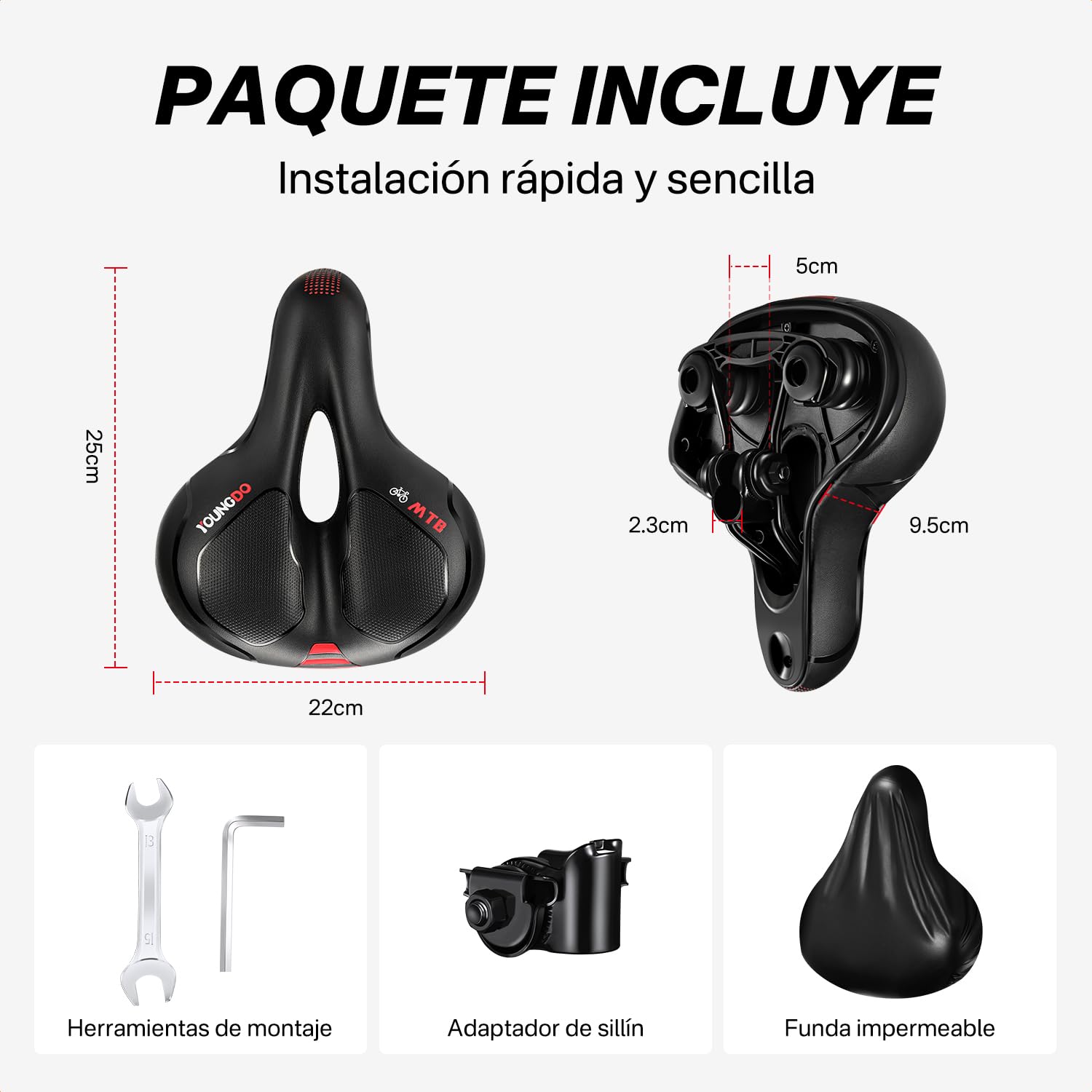 YOUNGDO Sillín para Bicicleta de Gel Ergonómico Transpirable, para Carretera, Montaña y Ciudad