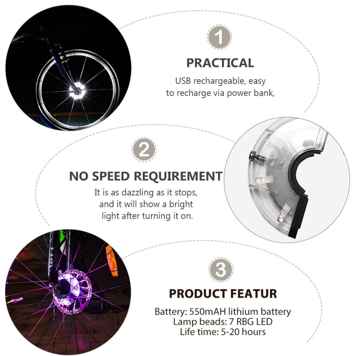 TOYANDONA Lumière de Roue LED Étanche pour Vélo Avertisseur de Sécurité Rechargeable USB Couleurs et Modes Éclairage Installation Facile Compatible avec Moyeux