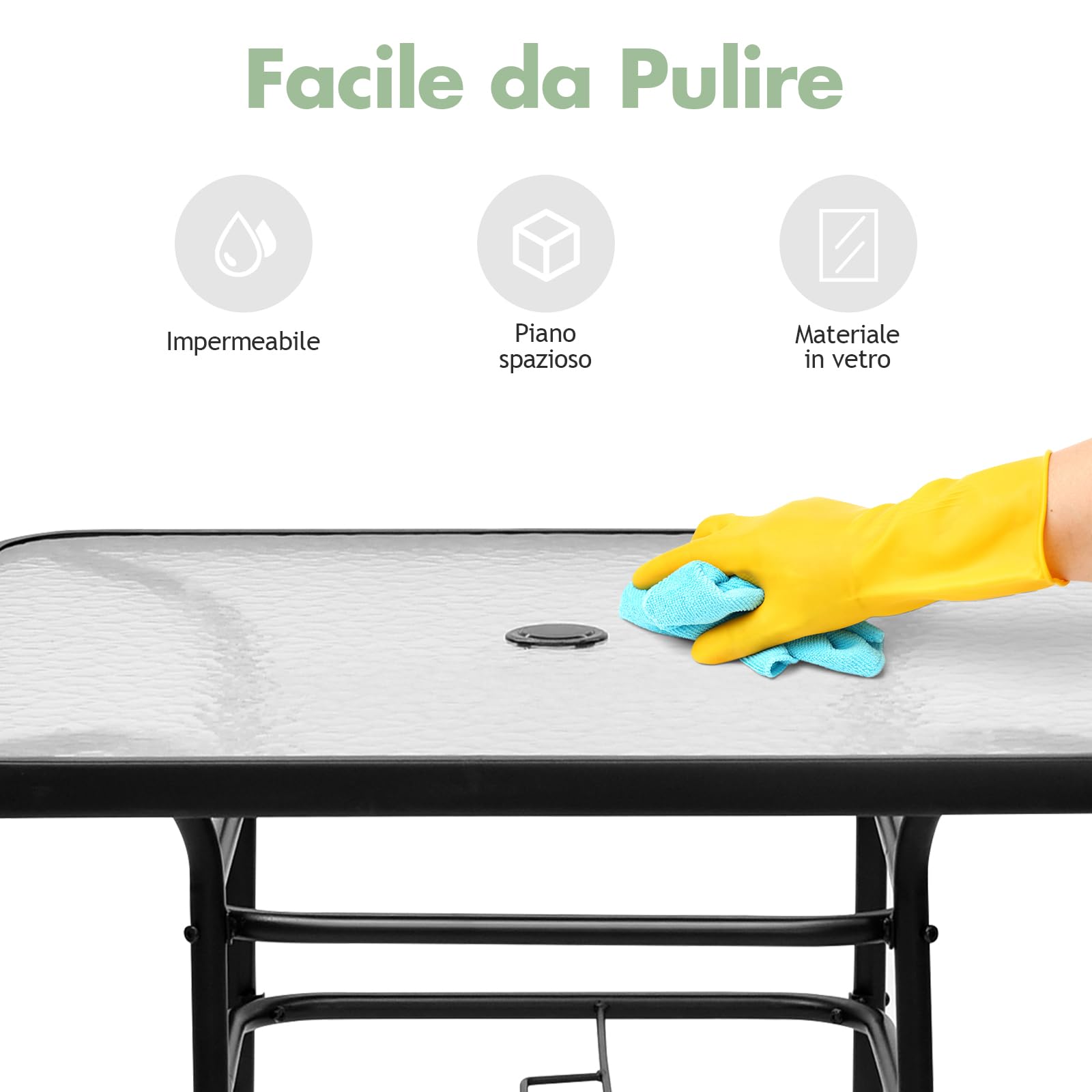 GYMAX Table de Jardin avec Trou de Parasol, Table Extérieur en Verre Trempé, Cadre en Métal, Forme Carrée 81 x 81 x 71 CM, Capacité 80 KG