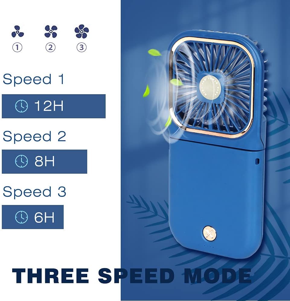 Portable Mini Fan - 5 in 1 with Power Bank, Phone Holder, Handheld & Desk Fan - USB Rechargeable, 3000mAh Power Bank, 3 Speed Adjustable, Neck Lanyard, Blue image 4