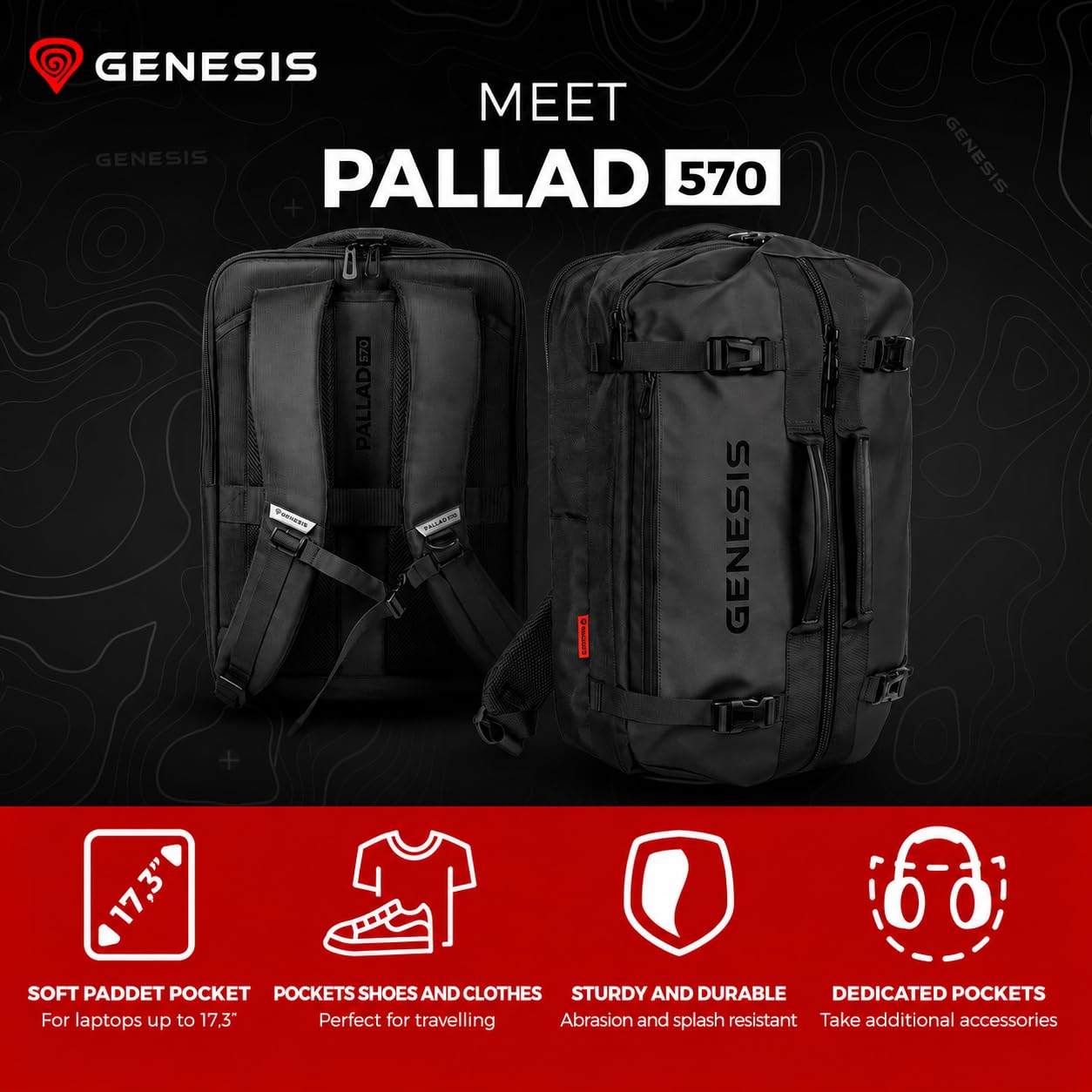 Genesis Pallad 570 plecak na laptopa 17,3", czarny, plecak gamingowy, 29 l, torba na laptopa z 2 przegródkami, 11 kieszeni, system wózków, odporny na zachlapanie wodą, poliester 1800D/2520D, do pracy