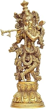 Handcrafted Brass Lord Krishna Idol Statue 18 Inch   Big Krishna Murti Sculpture for Home Temple, Pooja Room, Living Room Decor & Spiritual Gift