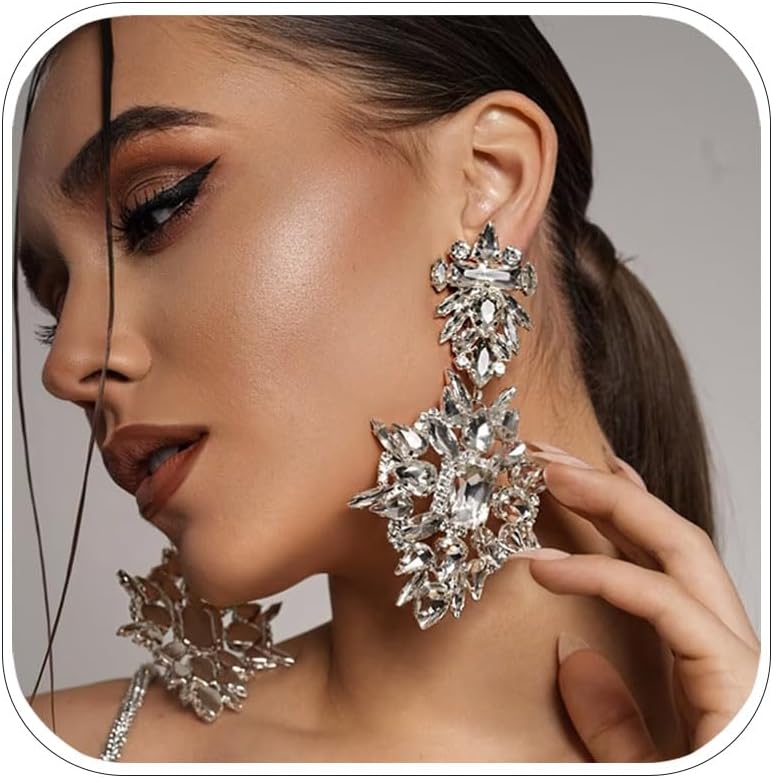 Silver Chandelier Earrings for Women Trendy, Oversized Big Crystal Rhinestone Statement Earrings Dangling Formal Pageant Earings Drag Queen Jewelry
