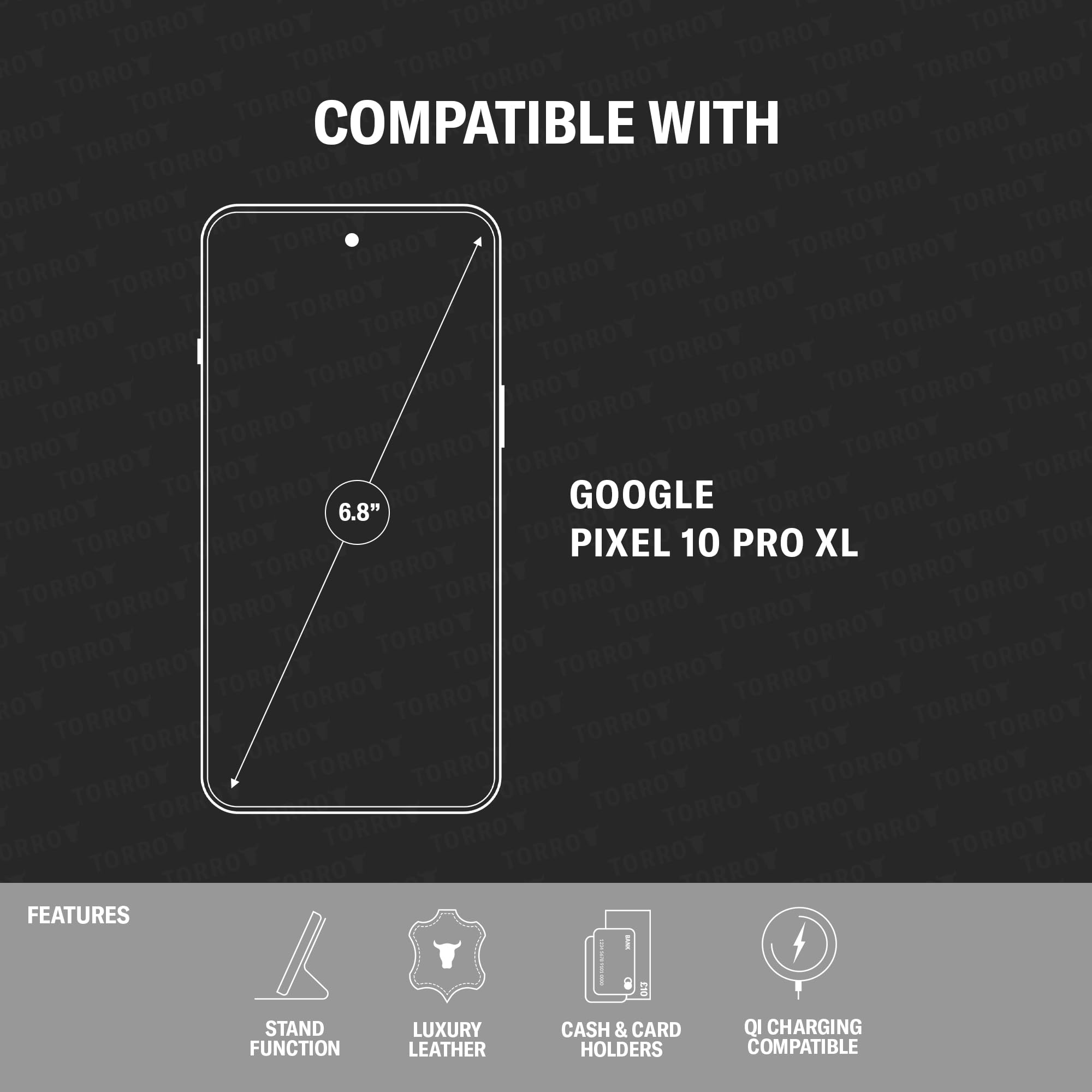 TORRO Skórzane etui kompatybilne z Google Pixel 10 Pro XL 6,8” 2025 – Premium skórzane etui portfelowe z podpórką i przegródkami na karty (czarny z czerwonymi detalami)