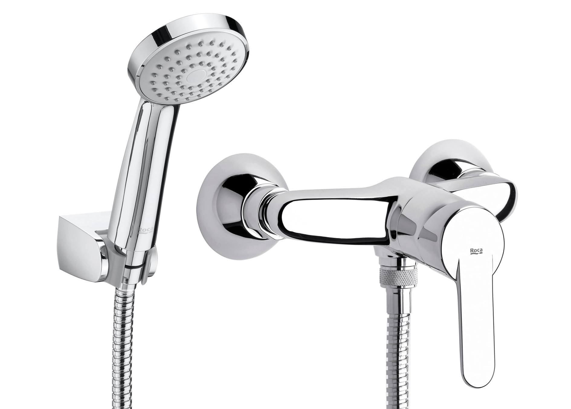 Roca Victoria Grifería monomando exterior para ducha con ducha de mano flexible 1,50 m soporte articulado