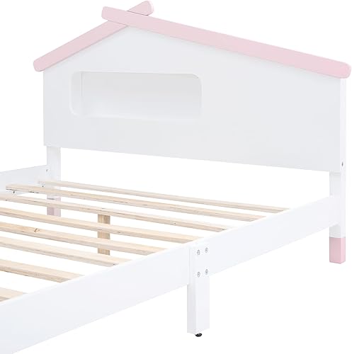 Miniatura 7 de Harper & Bright Designs Base de cama matrimonial con cabecera en forma de casa, marco de cama de madera para niños con luces nocturnas activadas por