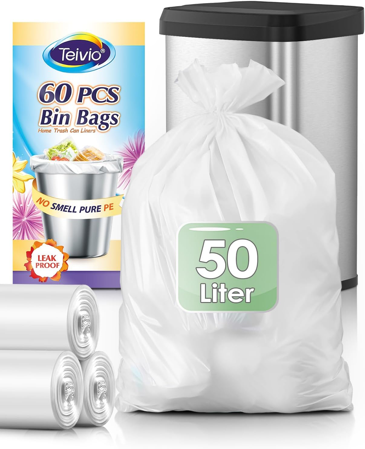 Teivio 50 Liter Large Bin Bags 60 Counts Medium Duty 13 Gallon Waste ...