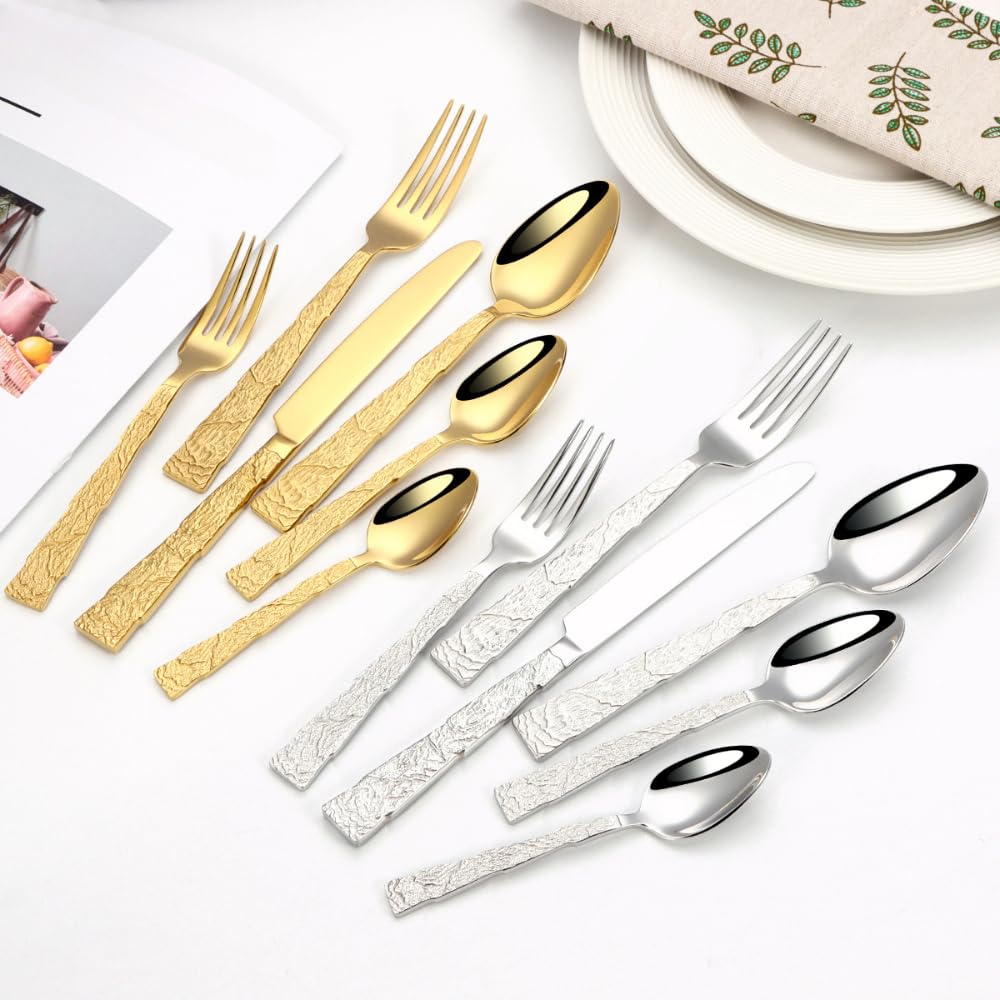 Juego de Cubiertos de Acero Inoxidable con diseño de Piedra en Relieve, Cuchillo, Tenedor y Cuchara, vajilla de Cocina, Cubiertos para Carne, cucharilla (Plata, 24 Piezas)