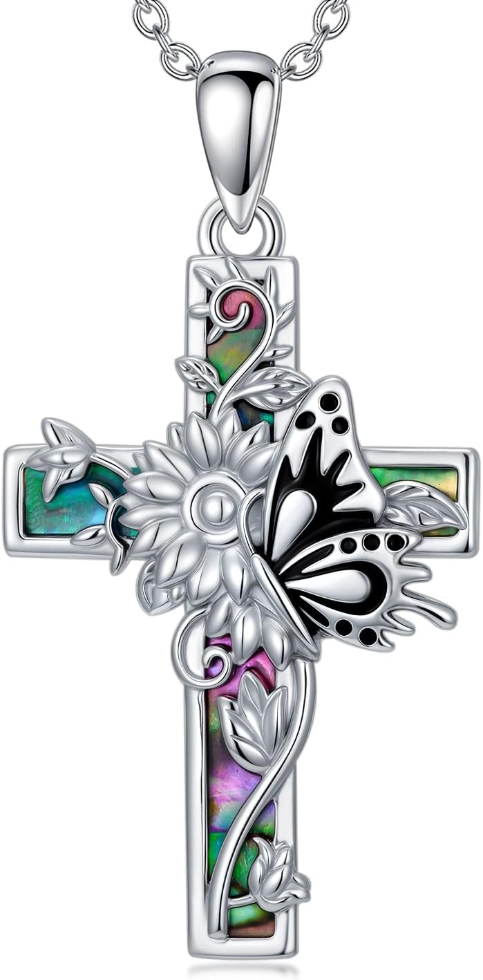 Dorunmo Cross Necklace 925 Sterling Silver Religious Abalone Cross Pendant Necklace Valentine's Day Mother's Day Christmas Birthday Cross Jewelry Gift for Women