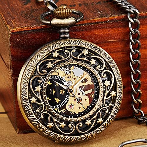 Hollow Mechanical Pocket Watch Steampunk Pendent Chains Gold Skeleton Hand-Winding Fob Watch Men Women Xmas Gifts,Bronze