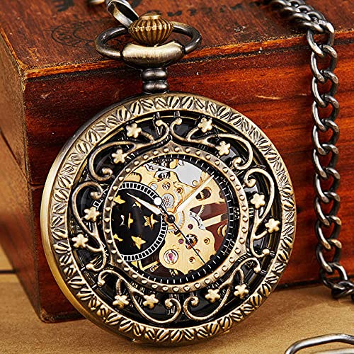 Hollow Mechanical Pocket Watch Steampunk Pendent Chains Gold Skeleton Hand-Winding Fob Watch Men Women Xmas Gifts,Bronze #TOP25