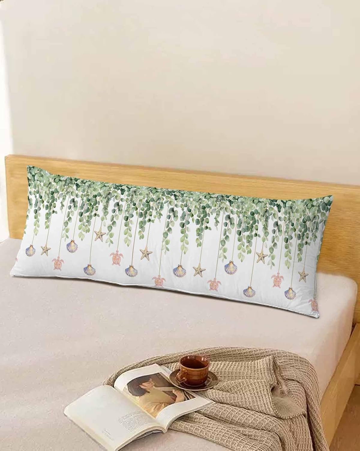 Eucalyptus Leaves Satin Pillowcase Body Pillow Cover 20 x 60 Inch Shell Starfish Turtle Lumbar Pillow Cases Spring Summer Green Leaves Rectangular Decorative Pillow Shams for Bed Sofa Guest Room