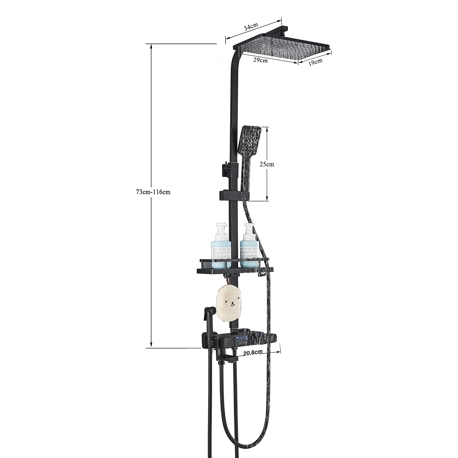 Thermostatique Noir Colonne de Douche avec Mitigeur 38°C Ensemble de Douche avec 4 Fonctions Hauteur Réglable Système de Douche à Tête Carrée avec Douchette à Main pour Salle de Bain