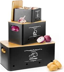 VORHOT Aardappeldoos, 3 stuks, voor het bewaren van uien, knoflook, aardappelen, met deksel van bamboe, wit