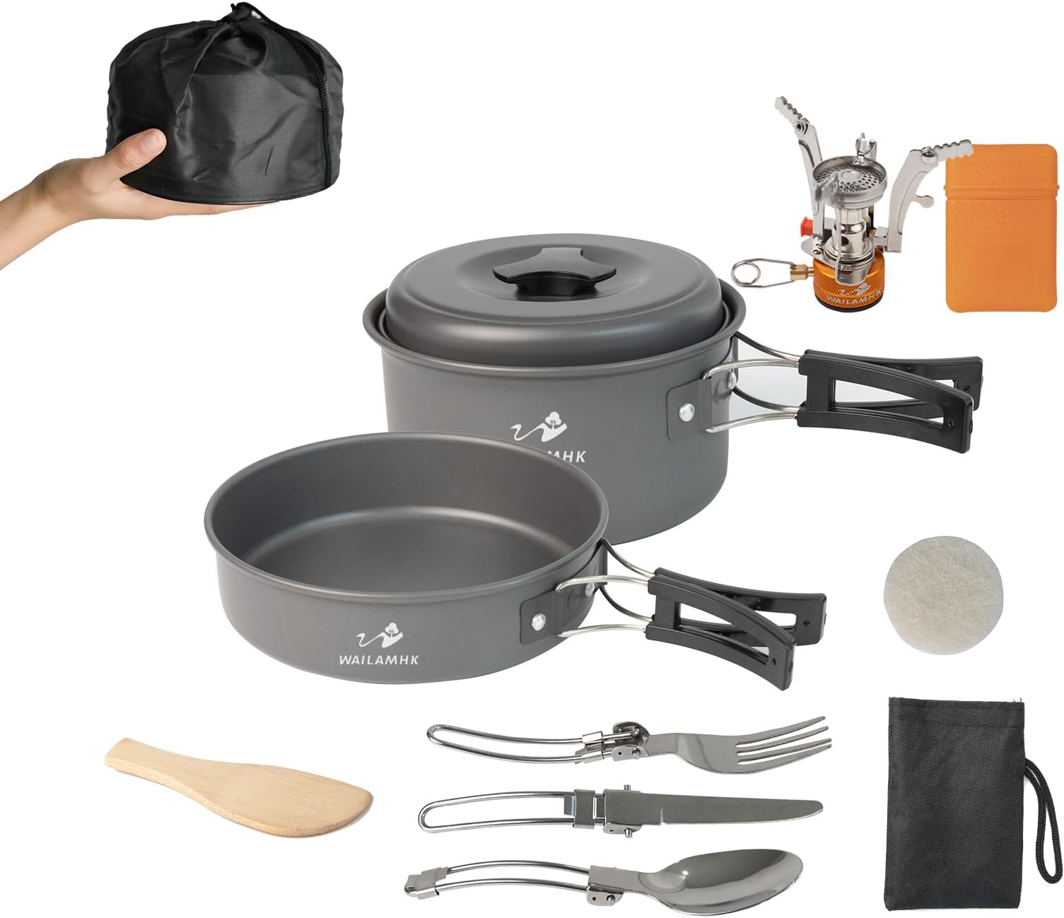 WAILAMHK Camping Cookware Mess Kit, 12 pcs Backpacking Cooking Set, Lightweight Camping Pots and Stove Set for 1-2 Person, Outdoor Cooking Gear Ideal for Camping, Hiking, Backpacking and Picnic