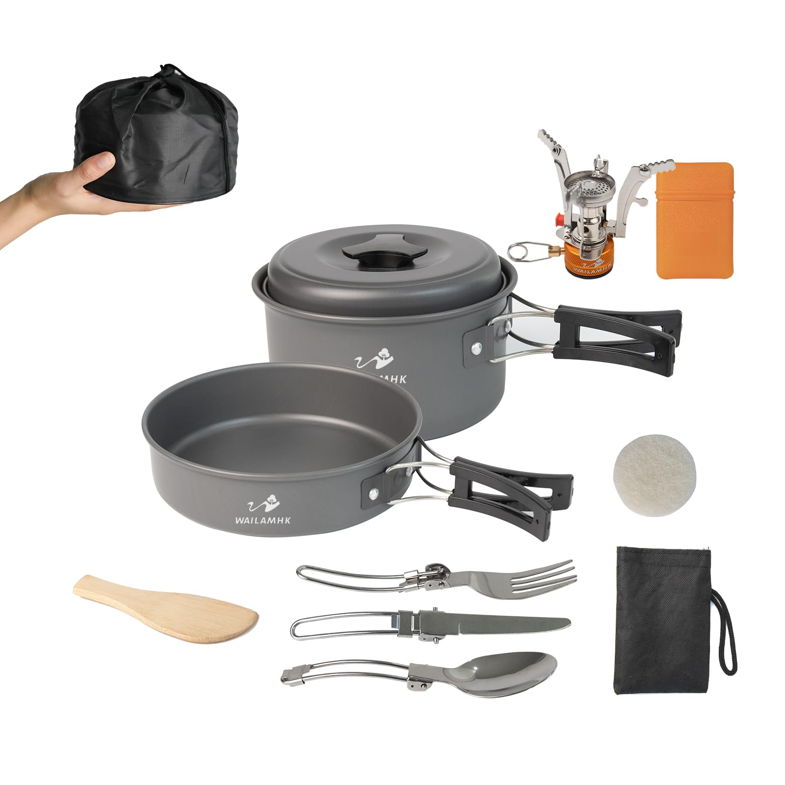 WAILAMHK Camping Cookware Mess Kit, 12 pcs Backpacking Cooking Set, Lightweight Camping Pots and Stove Set for 1-2 Person, Outdoor Cooking Gear Ideal for Camping, Hiking, Backpacking and Picnic