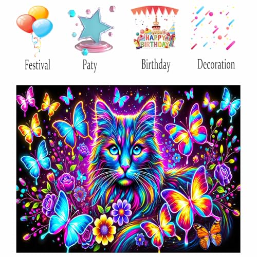 Image of Nuxovilar Neon Cat Butterfly Wall Tapestry Polyester 78.74x59.05 In | Glow Poster Trippy Art Feline Decor UV Wall Hanging Game Room Dorm Themed Space (Cat Butterfly Floral Design)