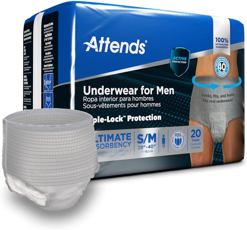 Attends Underwear for Men Incontinence Care with TripleLockTM Protection, Ultimate Absorbency, Small/Medium, 20 Count (x4)
