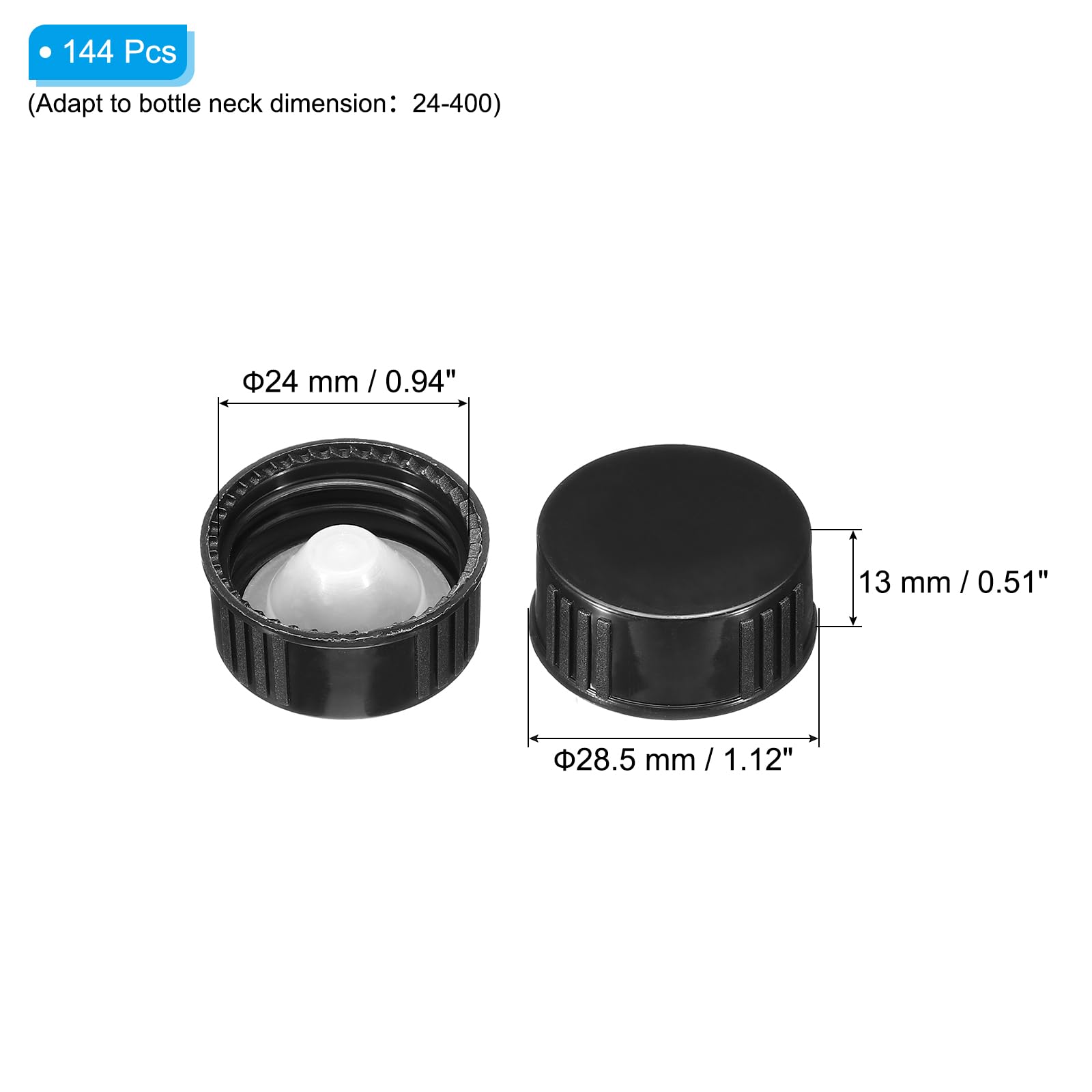 PATIKIL 24mm Phenolic Resin Cover, 144pcs Poly Seal Screw Cap Growler Cap Phenolic Cover Thread for 24-400 Glass Beer Brewing Bottles Gallon Growler Gallon Jug, Black