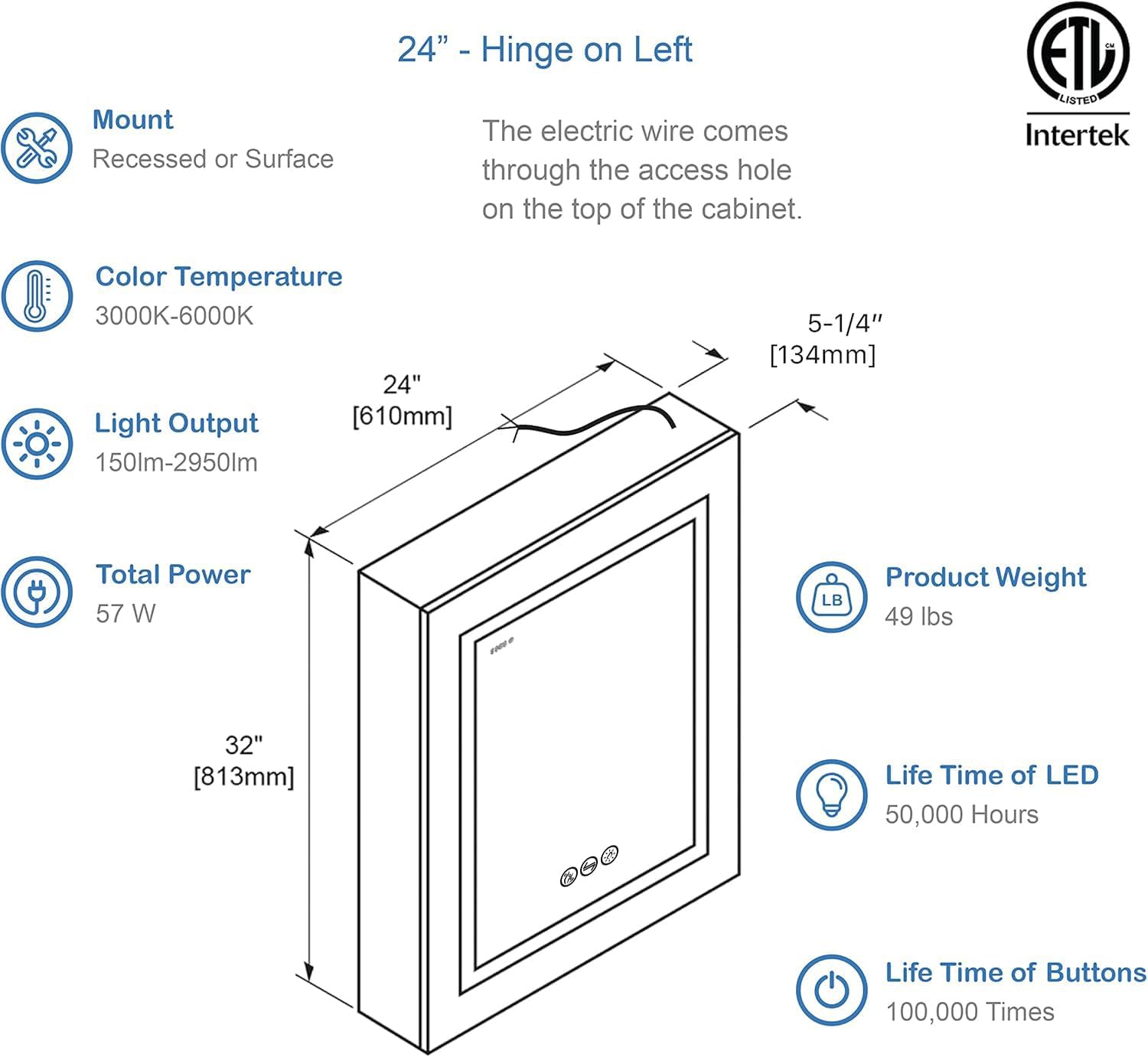 Blossom 24x32 Inch Recessed or Surface LED Mirror Medicine Cabinet with Left Hinge | Defogger - 3X Makeup Mirror, Digital Clock | Adjustable Color Temperature & Brightness | 2 Outlets & 2 USB Ports