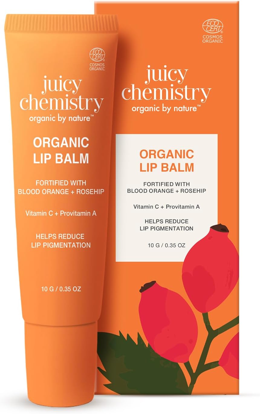 Juicy Chemistry Organic Lip Balm with Blood Orange & Rosehip, 10g | Deeply Moisturising & Brightening Lip Care | Reduces Lip Pigmentation | Dermatologically Tested | 100% Natural | Certified Organic & Cruelty-Free